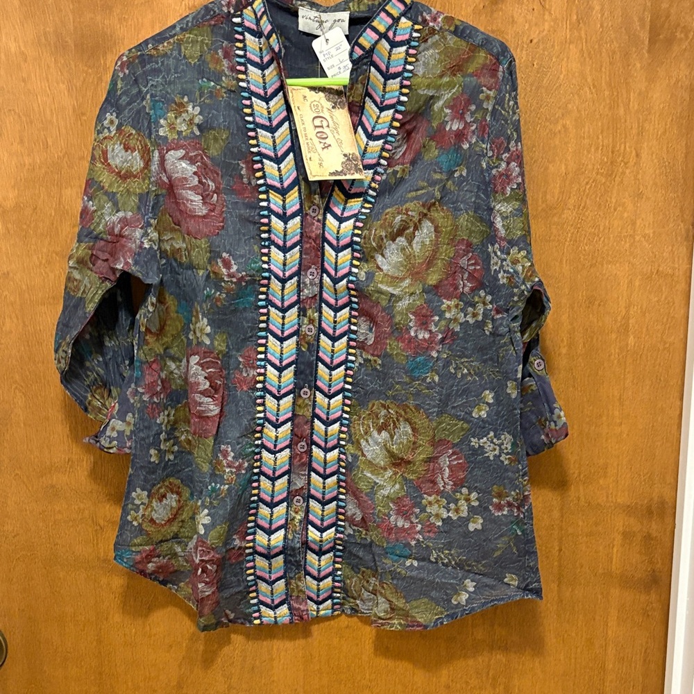 572. Vintage Goa Boho Floral Button-Up Shirt with Embroidered Trim